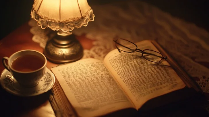 Warm mug of tea on a side table beside a softly lit lamp at night