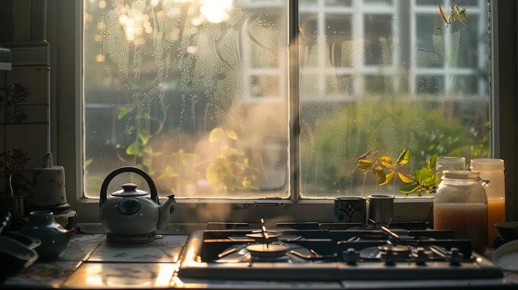 Bright kitchen scene with a glass of water and fresh fruit in morning light